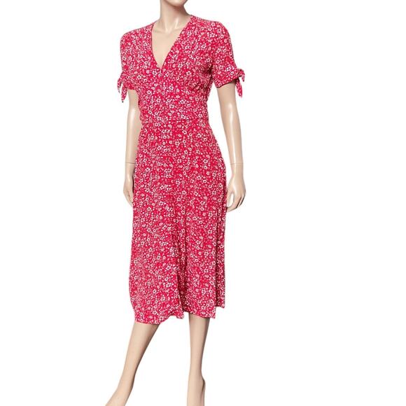 Rouje Laura Midi Dress Red Floral Print Sz 36 Short Sleeves V-Neck 100% Viscose - Picture 13 of 16